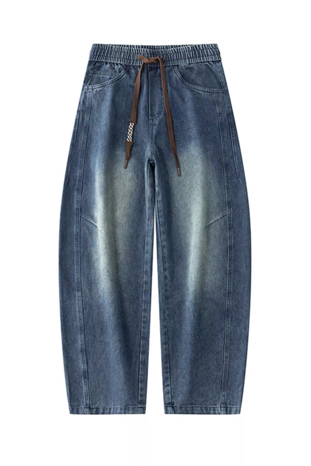 Blue vintage wash wide-leg jeans for men with drawstring and elastic waistband.