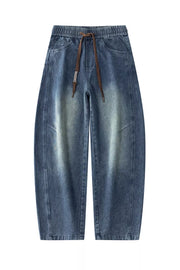 Blue vintage wash wide-leg jeans for men with drawstring and elastic waistband.