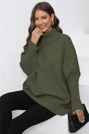 Army green ribbed turtleneck sweater with batwing sleeves and ribbed cuffs.