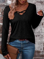 Crisscross V-neck Long Sleeve T-shirt in Pure Black, view 11