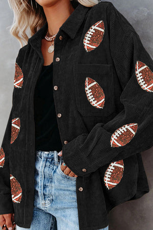 Black corduroy shirt jacket with football embellishments, button front, and chest pocket.
