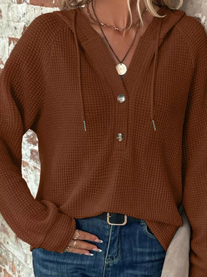 Waffle Knit Hooded Top With Drawstring in Beige, alternate angle