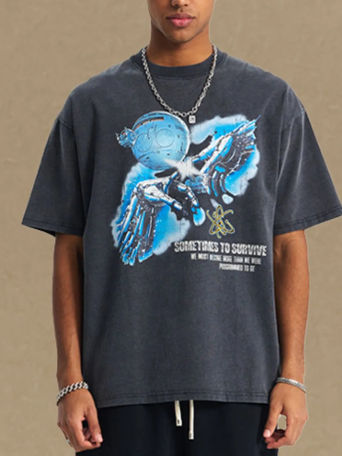 Washed black graphic tee with robot and text print.