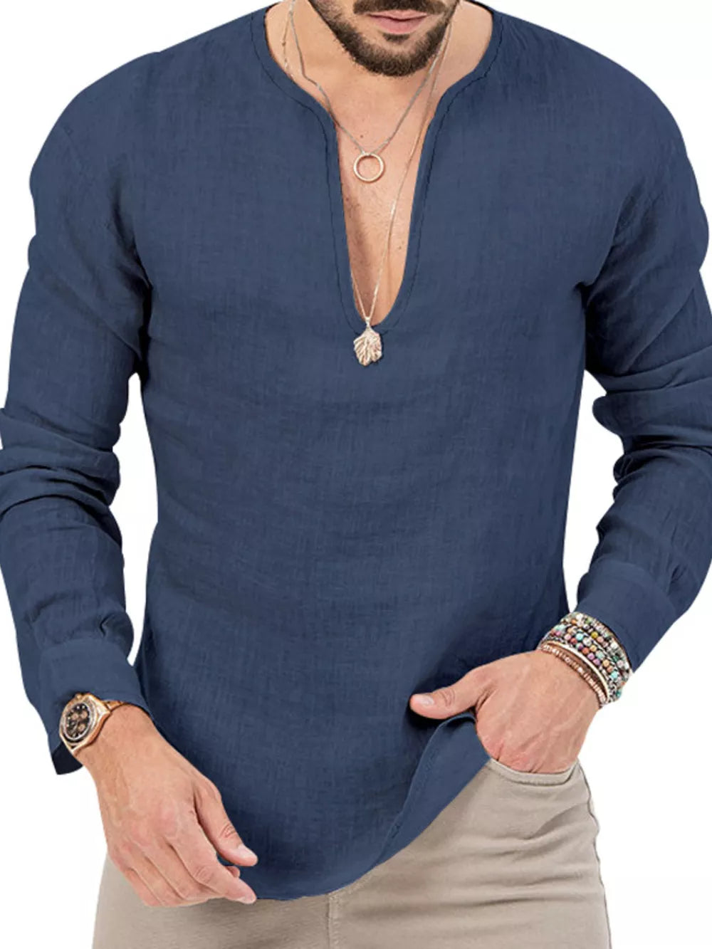 Men's Slim Fit Long Sleeve Blouse Plus Size in White, view 20