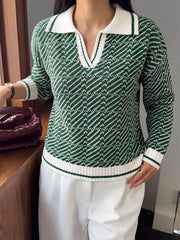 Geometric Patterned Collared Sweater in Green, front view