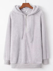 Light gray cozy half-zip fleece hoodie with drawstring and ribbed cuffs.