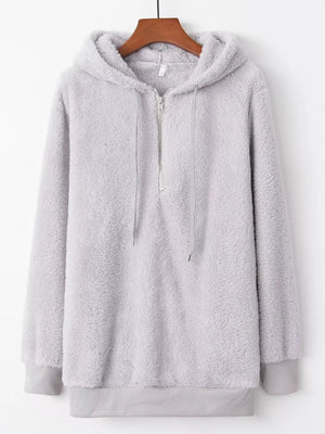 Light gray cozy half-zip fleece hoodie with drawstring and ribbed cuffs.
