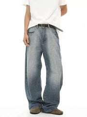 Men's relaxed-fit jeans in blue plaid cotton with a buttoned closure.