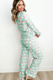 Light green Santa stripe lounge set with long sleeves and pants, featuring a playful Santa print.