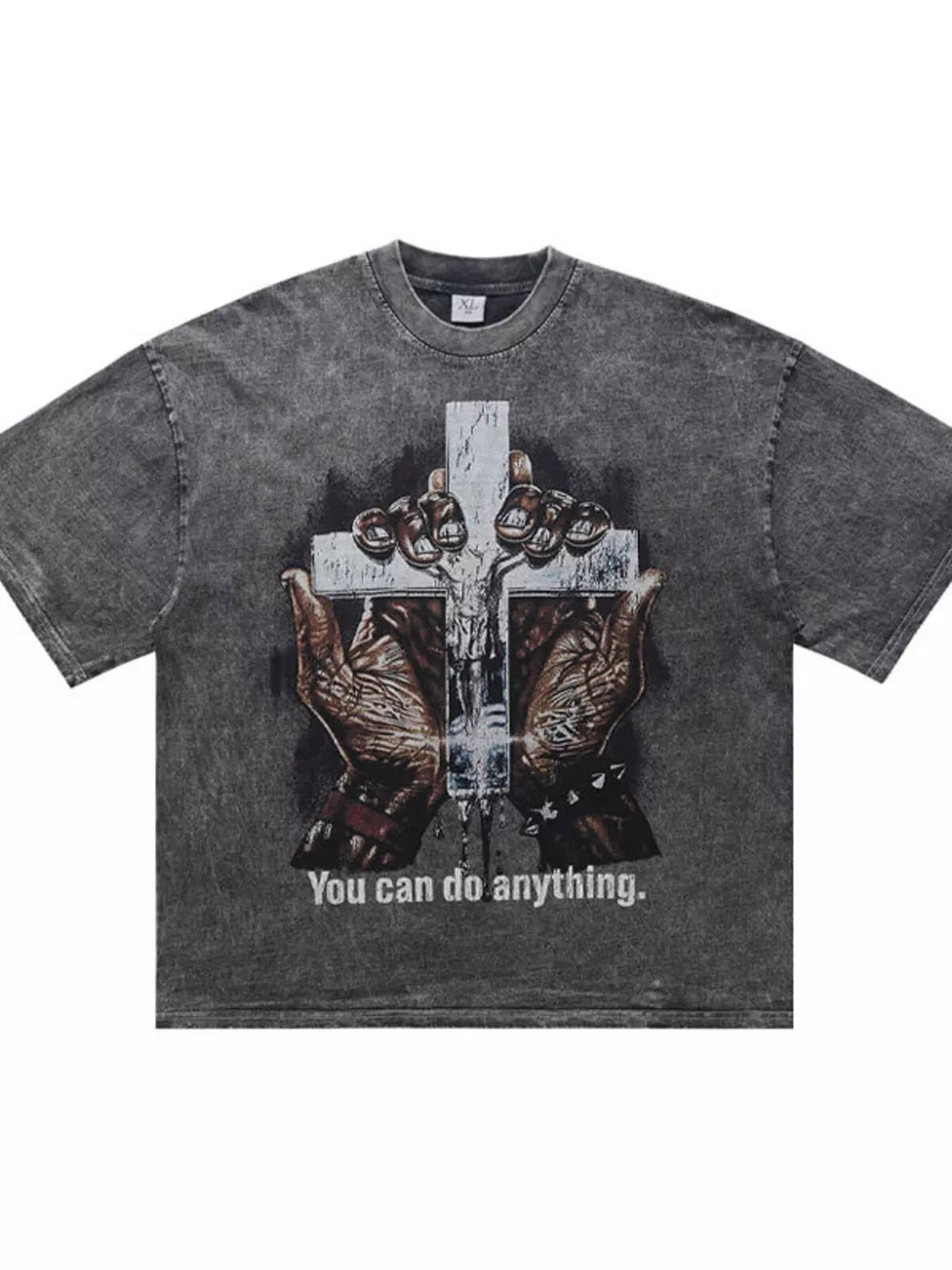 Vintage-inspired graphic t-shirt in acid-wash silver gray with crew neck and a cross graphic.