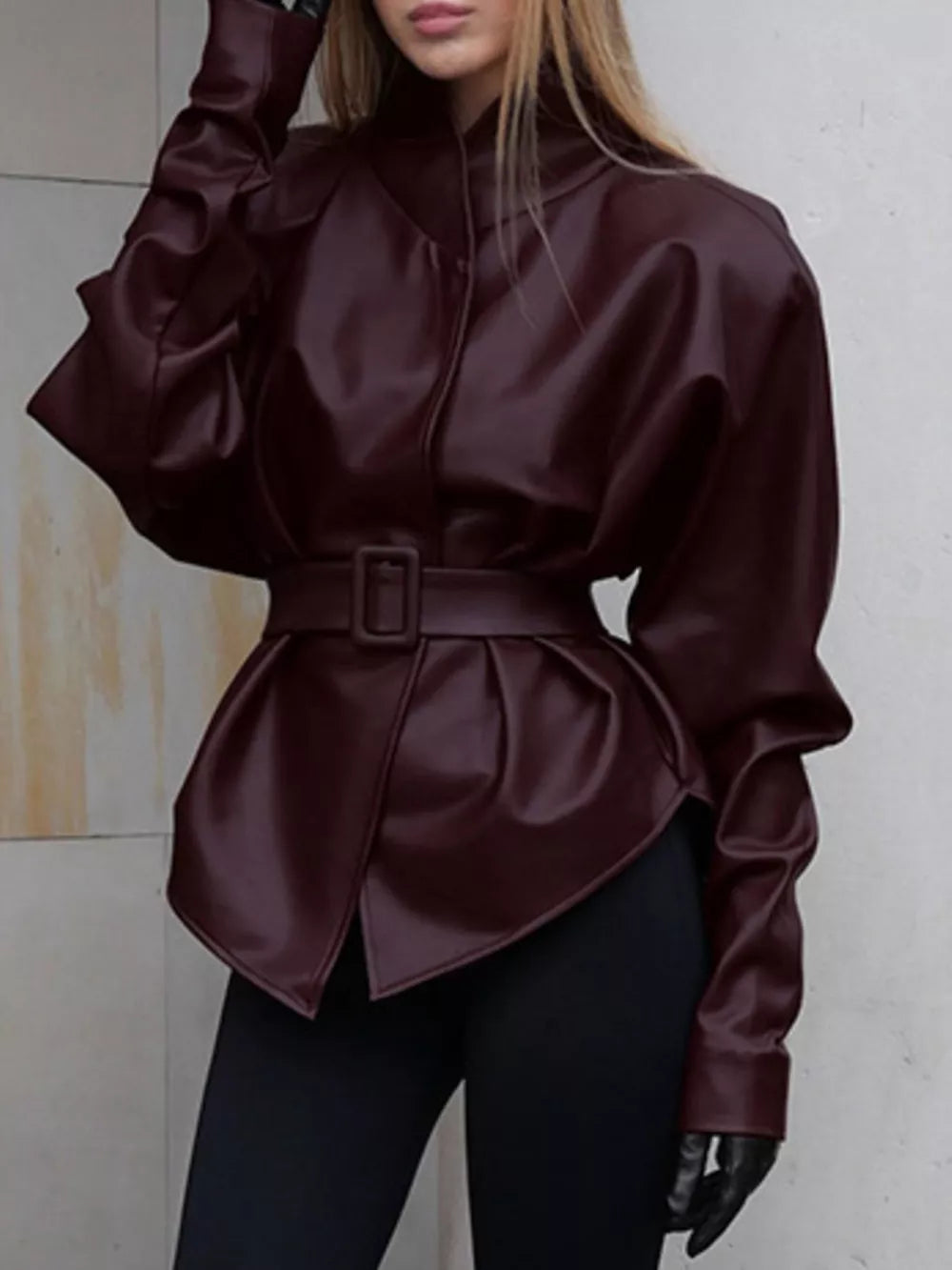 Stand Collar Belted Faux Leather Jacket in Wine Red, editorial view