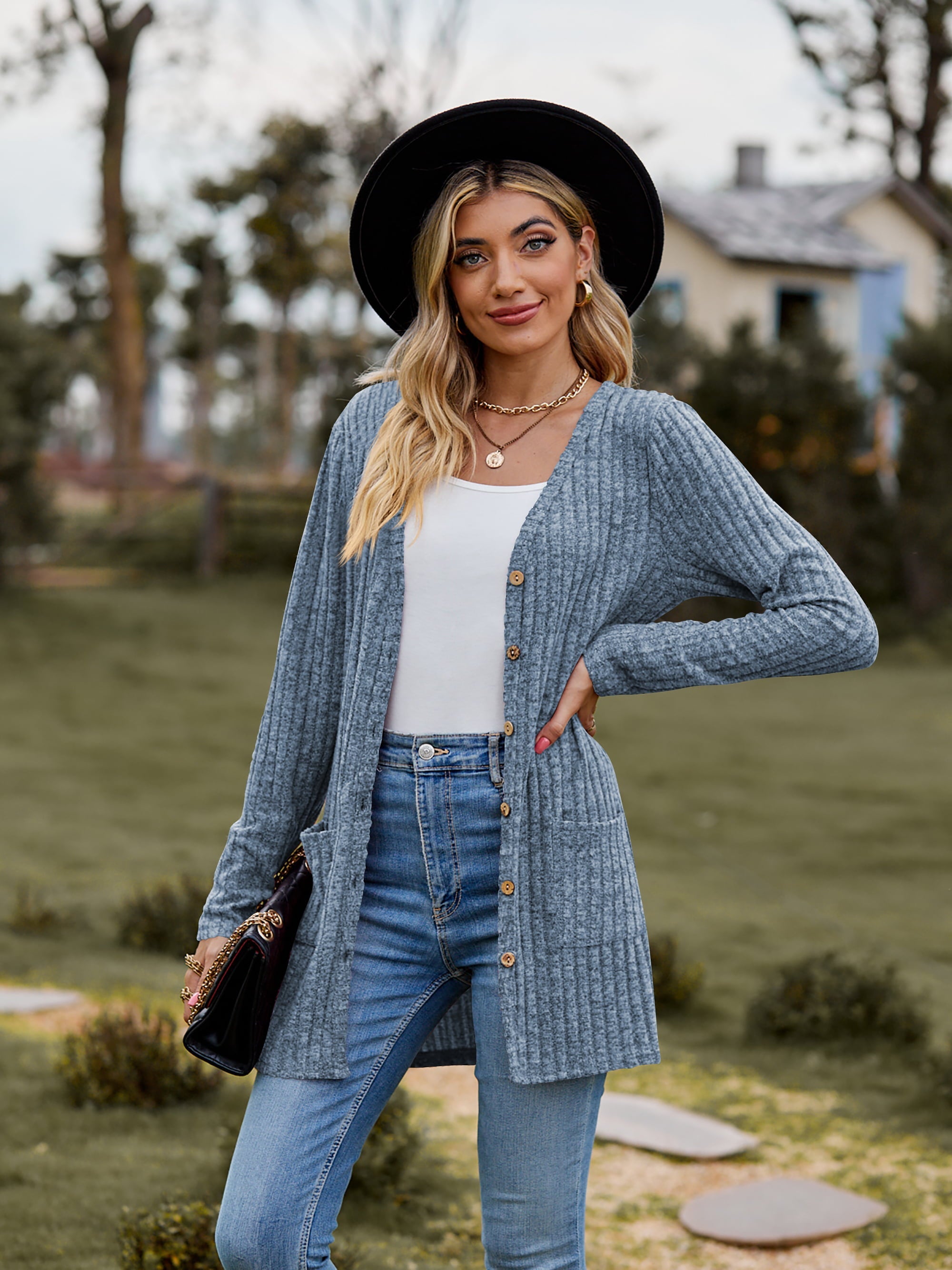 Dusty blue ribbed knit longline button-down cardigan with pockets