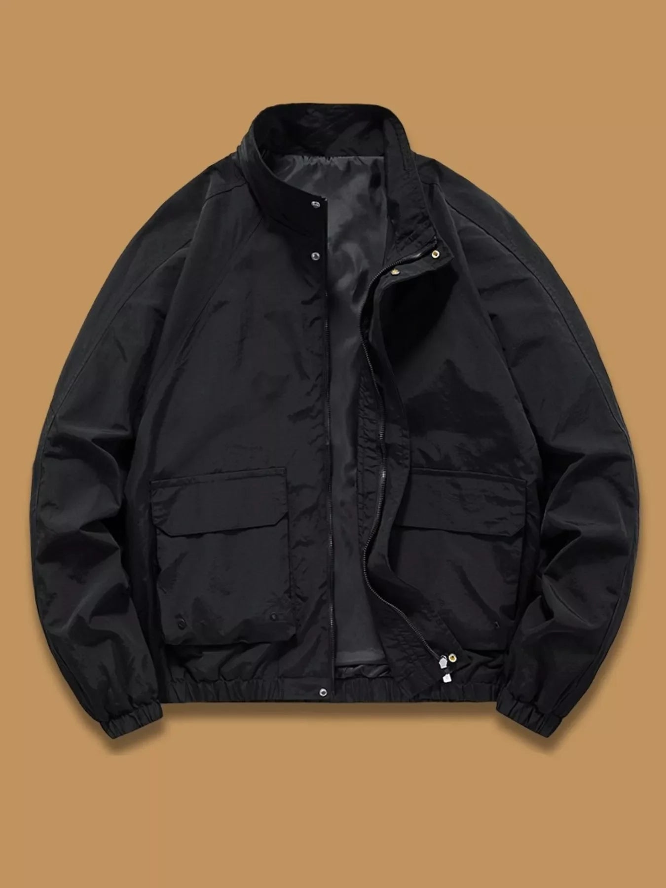 Black men's plus-size zip jacket with stand collar and two front flap pockets.