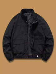 Black men's plus-size zip jacket with stand collar and two front flap pockets.