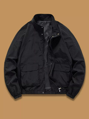 Black men's plus-size zip jacket with stand collar and two front flap pockets.