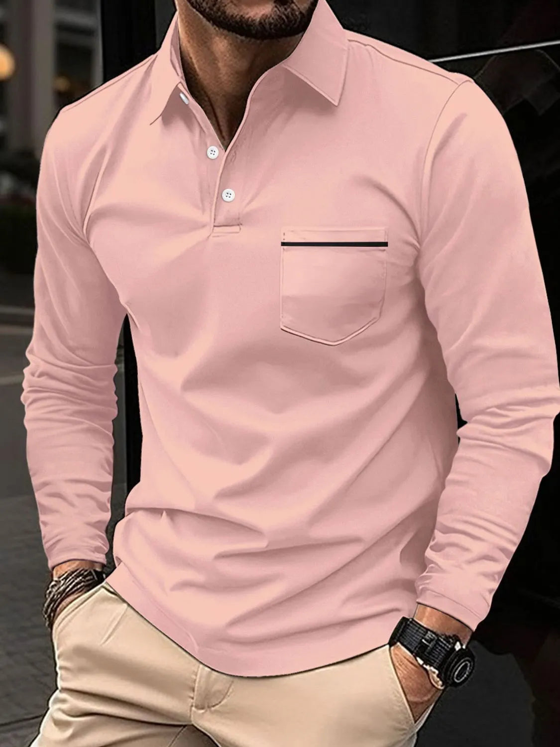 Dusty Pink long-sleeve polo shirt with chest pocket and black trim detail.