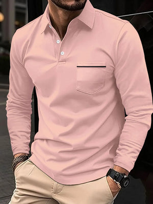 Dusty Pink long-sleeve polo shirt with chest pocket and black trim detail.
