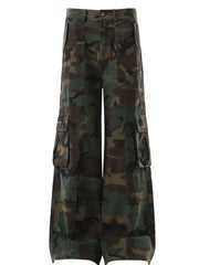 Men's wide-leg cargo pants in bold camouflage print with multiple pockets.