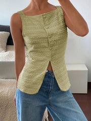 Yellow-green wavy textured button-front tank top with square neckline and split hem.