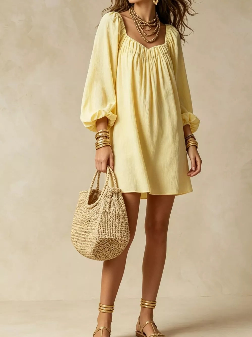 Flowy Balloon Sleeve Mini Dress in Army Green, model styling view