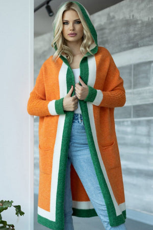 Orange hooded knit maxi cardigan with green and white color blocking, acrylic.