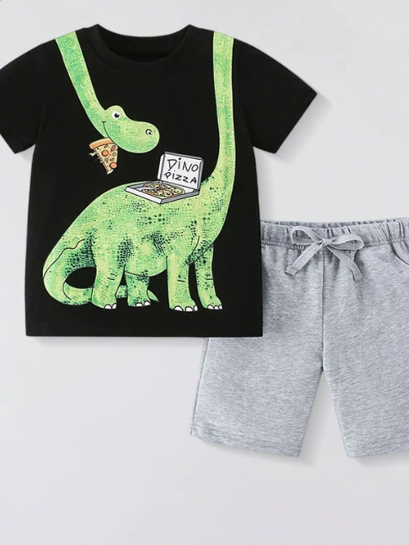 Children's black dinosaur pizza graphic tee and grey shorts set