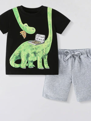 Children's black dinosaur pizza graphic tee and grey shorts set