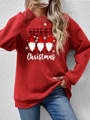 Red Christmas gnome graphic sweatshirt with plaid Merry text and snowflakes.