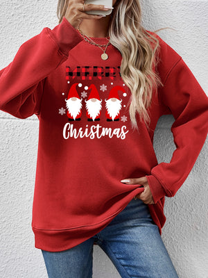 Red Christmas gnome graphic sweatshirt with plaid Merry text and snowflakes.