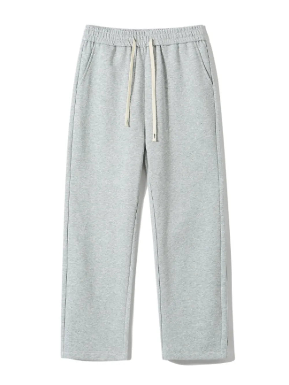Gray sweatpants with drawstring waist and loose fit.