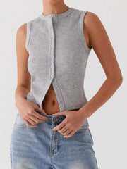 Gray ribbed knit button-down crop top with a mock neck and sleeveless design.