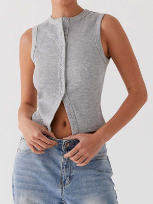 Gray ribbed knit button-down crop top with a mock neck and sleeveless design.
