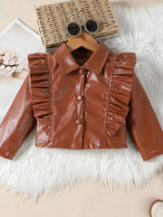 Brown faux leather toddler jacket with ruffled front and button closure