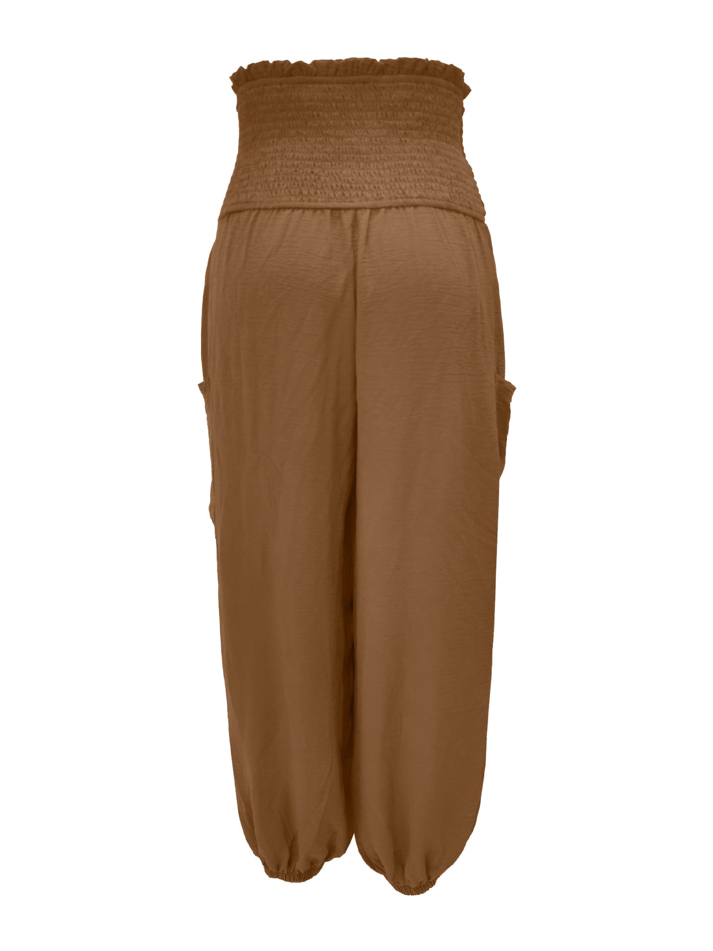 Coffee smocked waist harem pants with pockets and ankle cuffs