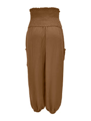 Coffee smocked waist harem pants with pockets and ankle cuffs
