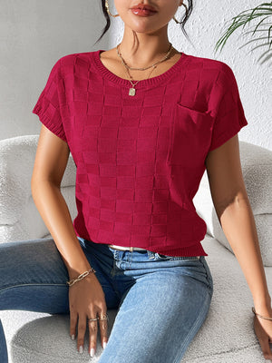 Burgundy textured knit pocket tee with crewneck and short sleeves.