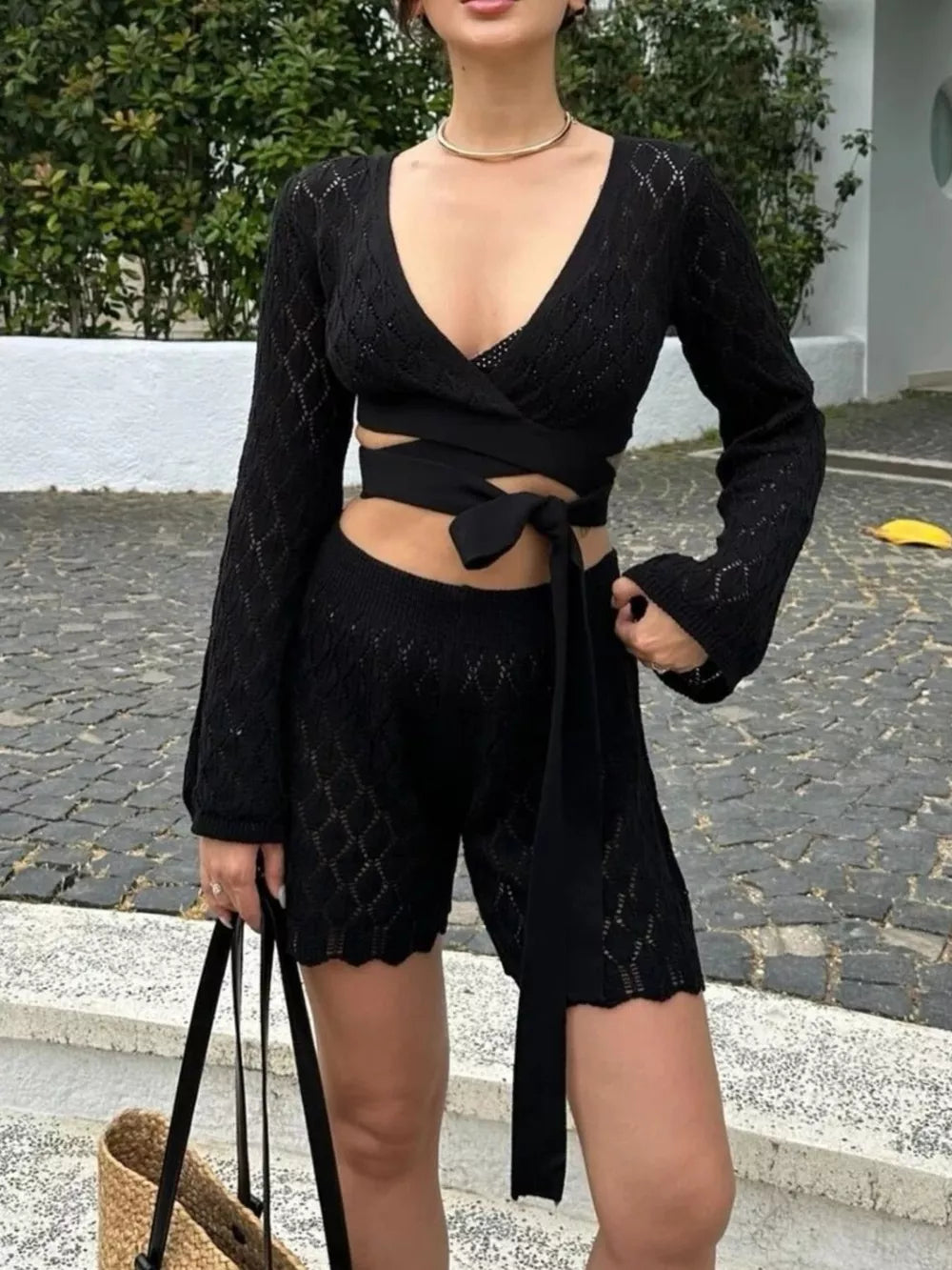 Openwork Long Sleeve Top And Shorts Set in Black, product detail
