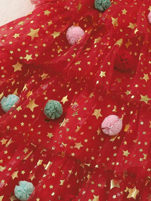 Red tulle baby dress with gold stars and colorful pom-poms