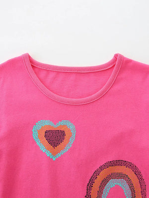 Bright pink cotton crew neck toddler t-shirt with sequin heart and rainbow applique.