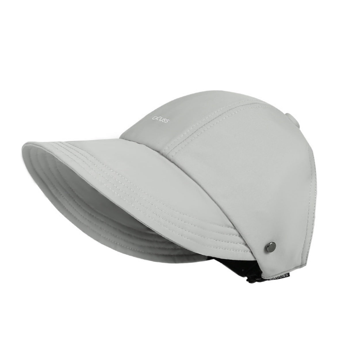 Grey sun protection visor hat with decorative stitching and adjustable strap.