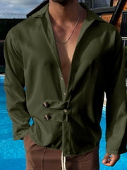 Men's long-sleeve military green button-down shirt with unique button detail