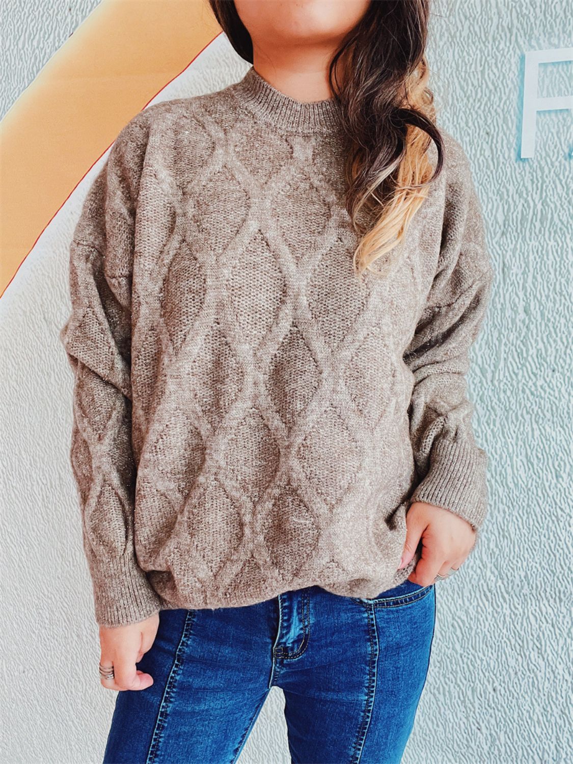 Beige sparkle knit sweater with diamond pattern, crew neck, relaxed fit