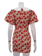 Floral Ruched Mini Dress With Puff Sleeves