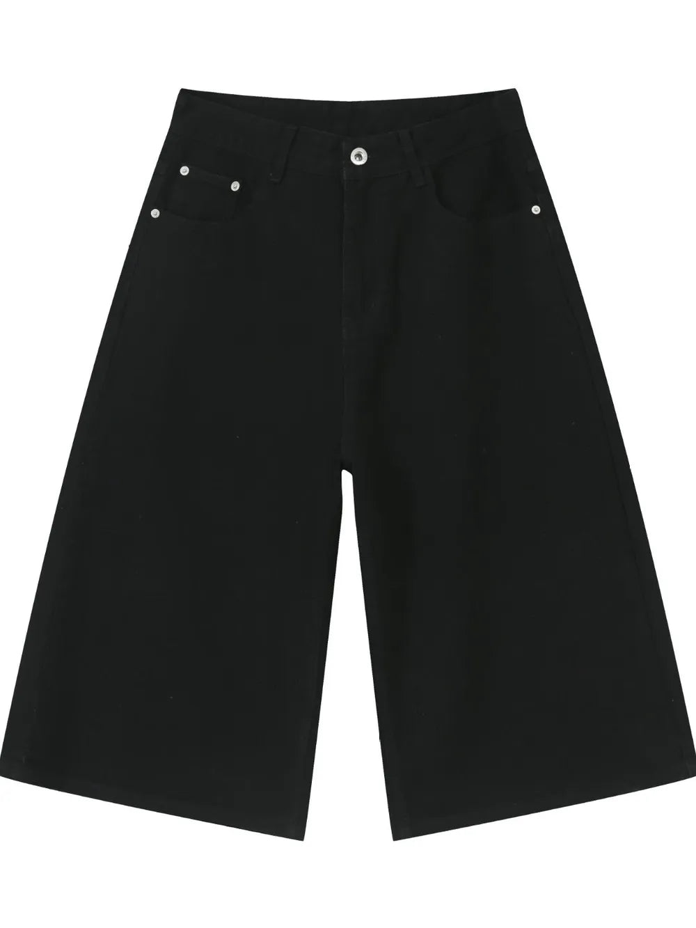 Black wide-leg denim culotte shorts with buttoned closure and front pockets.