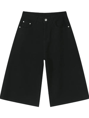 Black wide-leg denim culotte shorts with buttoned closure and front pockets.