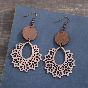Floral laser-cut wooden drop earrings in Dusty Pink with wood accents.