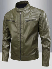 Plus-size green leather motorcycle jacket with quilted shoulder details and zippered pockets.