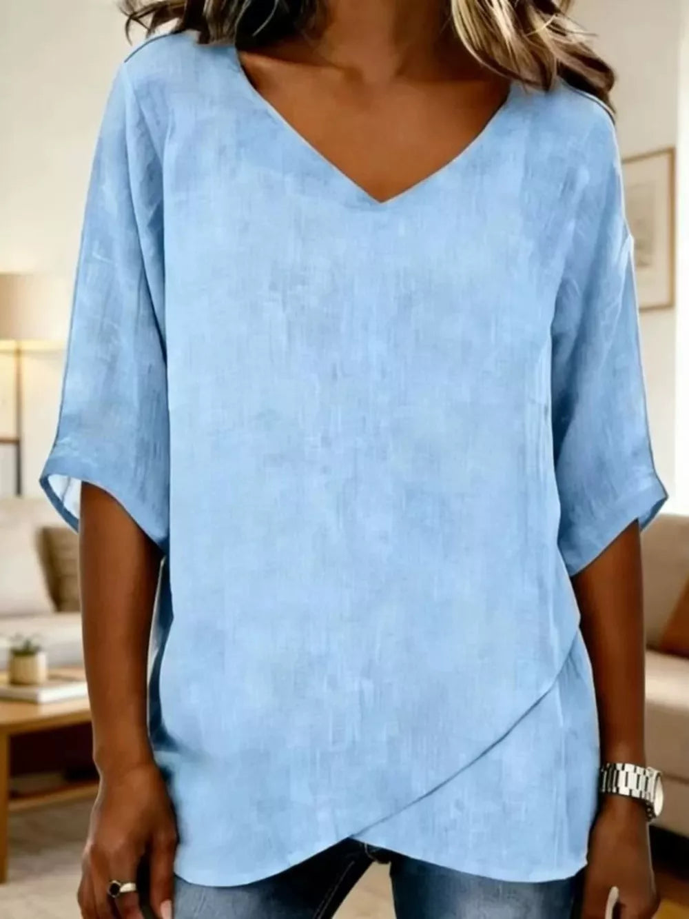 V-neck Casual T-shirt in Blue, front view
