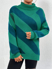 Diagonal stripe turtleneck knit sweater in dark green and green acrylic.