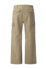 Distressed khaki utility wide-leg cargo pants with button flap pockets.